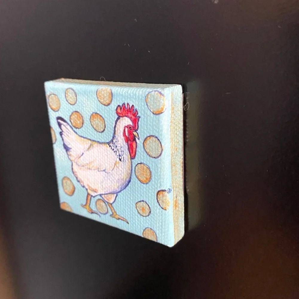 Hand painted mini art magnet rooster hen canvas gift country polka dots artwork